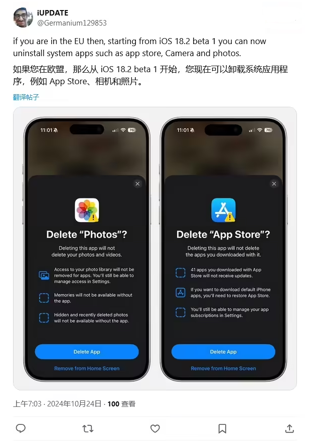 细水乡苹果手机维修分享iOS 18.2 支持删除 App Store 应用商店 