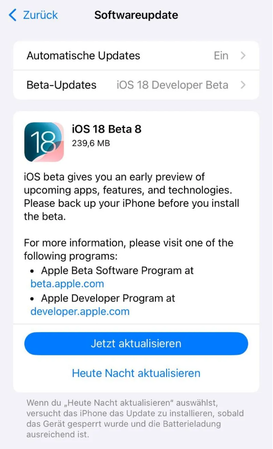 细水乡苹果手机维修分享苹果 iOS / iPadOS 18 开发者预览版 Beta 8 发布 